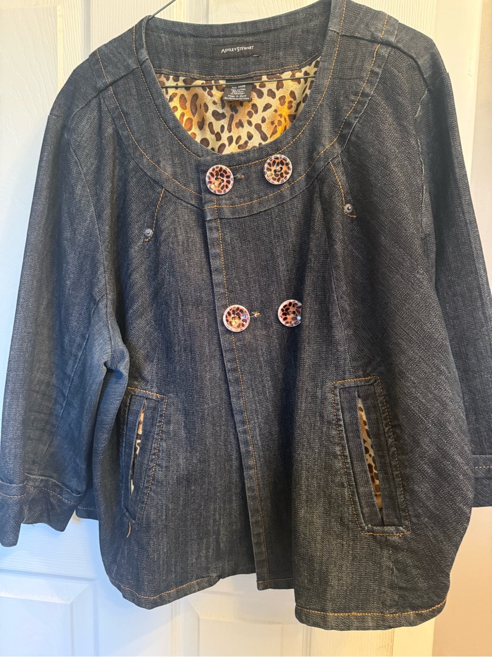 Ashley Stewart Dark Blue distressed Denim Jacket with Leopard-Print Accents